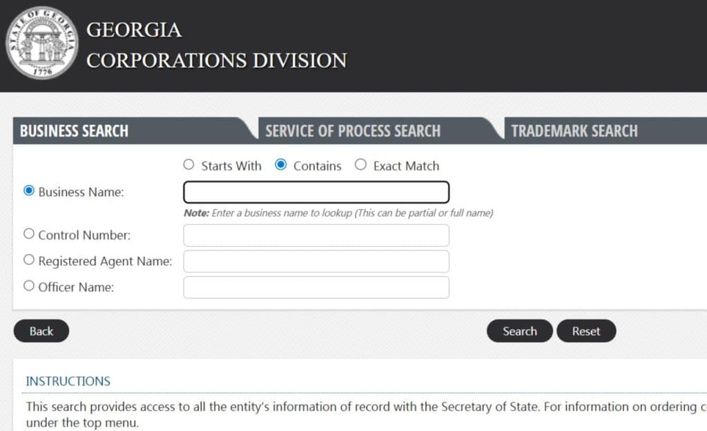 Georgia Secretary of State Business Search Tool